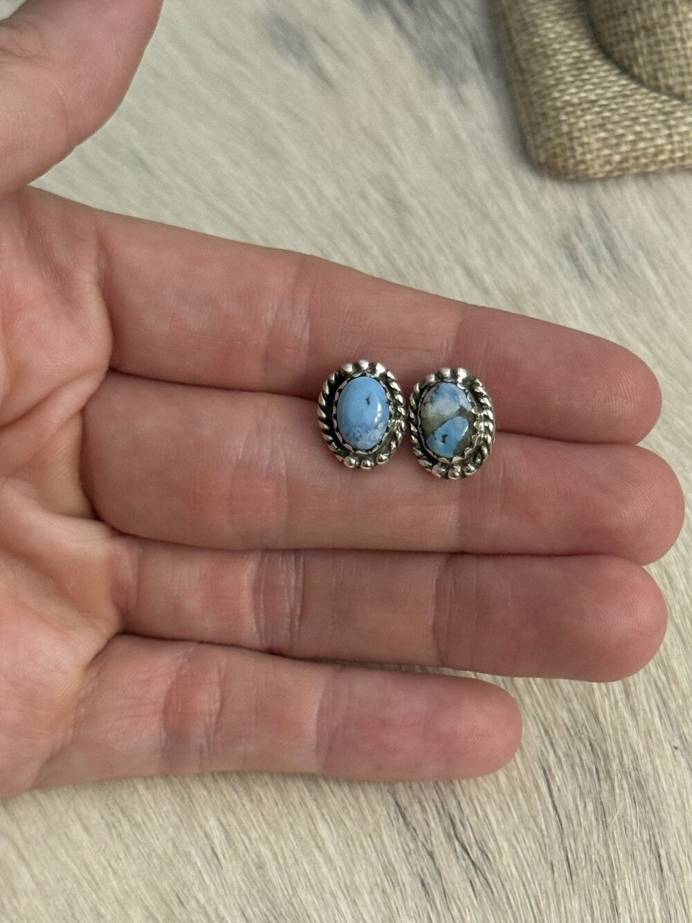 Sterling Silver Blue Golden Hills Turquoise Oval Braided Post Studs Earrings 925